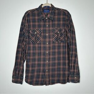 Pendleton Cotton Plaid Button Down Shirt Blue Tan Red Size Large Fitted